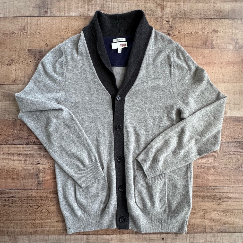 NORDSTROM 1901 Wool Cashmere Blend Shawl Collar Cardigan Gray Blue Trim X-LARGE
